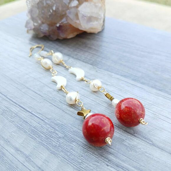 Long Statement Freshwater Pearl, Apple Coral, Seashells, Moons, & Stars Earrings - Picture 6 of 9